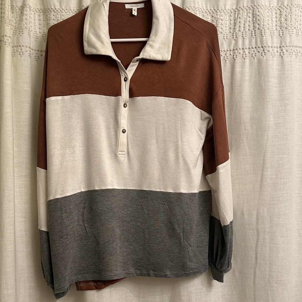 Maurices Brown, Cream & Gray V-Neck Colorblock Polo Sweater